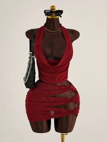 Bonvoyette Damen transparente Strandtunika mit Glitzer-Folien-Akzenten, V-Ausschnitt, modisch, sexy, lässig, schlank, vielseitig, geeignet für Strand, Party, High-End-Mode, Frühling/Sommer - Bordeaux - Übersicht 3