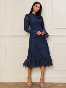 Lilora Robe mi-longue élégante pour femmes avec manches évasées en dentelle florale et volants à l'ourlet - Bleu azur - Voir 6