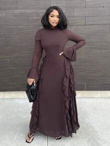 Alexandranx 女士优雅红色高领长袖荷叶边下摆连衣裙，适合约会之夜、盛会、秋冬季 - 咖啡棕 - 查看 1