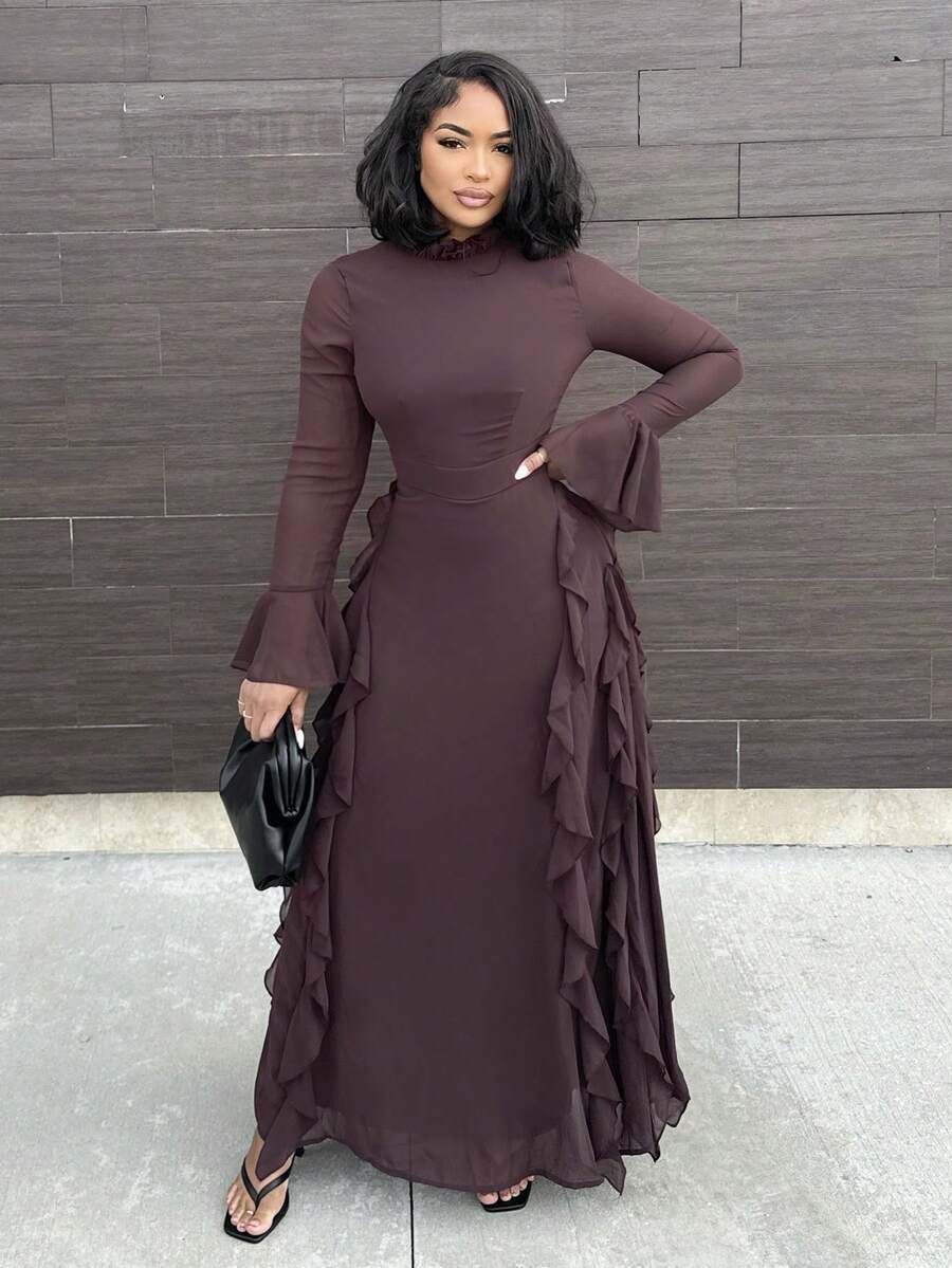 Alexandranx 女士优雅红色高领长袖荷叶边下摆连衣裙，适合约会之夜、盛会、秋冬季 - 咖啡棕 - 查看 1