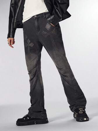 Street Life Jeans acampanados de cintura alta con patrón cruzado y strass para hombres