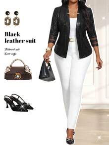 Fleurora 大码秋季休闲鳄鱼纹压花撞色网眼前开襟西装外套 - 黑色 - 查看 3