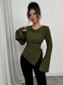 Selianne Women's Asymmetrical Hem Drawstring T-Shirt With Flare Sleeves, Ribbed Collar, Autumn/Winter - Army Green - View 3