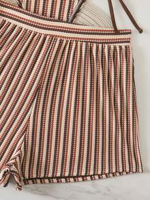 SHEIN Swim 3pcs Women's Blue And White Stripe Textured Swimwear Set, Minimalist Boho Summer Beach Holiday Resort Style Vacation Striped Shorts Set - Multicolor - View 4