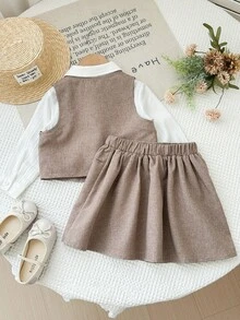 LMoss Kids Young Girls Button Vest & Pleated Skirt Set - Khaki - View 2