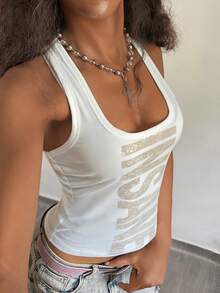 StreetHx Women's U-Neck White Distressed Print Fitted Comfortable Streetwear Y2K Baddie Sexy Camisole Top, Spring/Summer - White - View 5