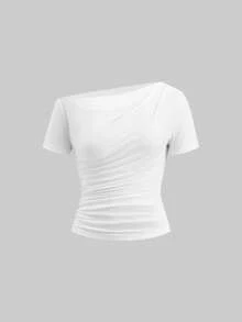 Ellevyn 女士褶皱修身不对称肩短袖上衣嘉年华服装女士夏季休闲上衣 - 彩色 - 查看 6