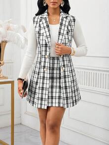 SHEIN Lady Women's Plaid Lapel NeckDouble-Breasted Sleeveless Jacket And Mini Skirt Elegant 2 Pieces Set - Multicolor - View 8
