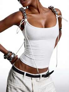 LYSMO Áo hai dây ôm dáng, tối giản mới dành cho nữ, đính hạt cườm, thích hợp cho các buổi đi chơi, phong cách đường phố, phong cách Stockholm, tạo nên vẻ ngoài mùa xuân, năm mới và Giáng sinh. - trắng - Xem 4