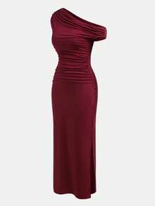 SHEIN Teens Girls' Red Knit Asymmetric Shoulder Ruched Waist Elegant Casual Snug Fit Dress, Suitable For Valentine's Day