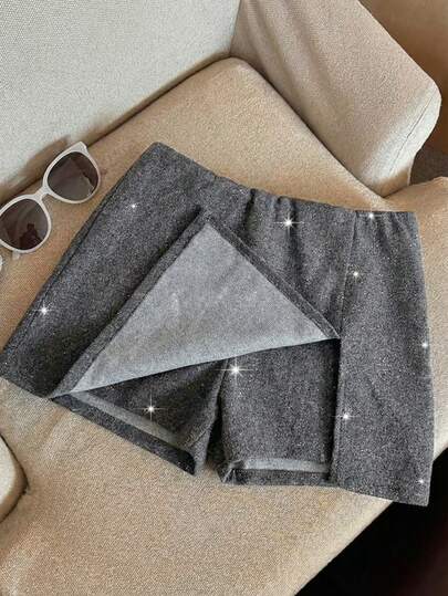 Franclia Retro-Style Wool Sequined Split-Hem Single-Pocket Skort, Versatile And Slimming For Autumn And Winter