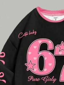 2 pezzi/set Felpa girocollo e leggings casual chic per ragazze pre-adolescenti, con grafica numerica 67 e fiocco, colori rosa e nero, maniche lunghe, abbigliamento comodo da strada, punk, stili caldi e accoglienti per l'autunno e l'inverno, vestiti in stile Y2K - Multicolore - Visualizzare 4