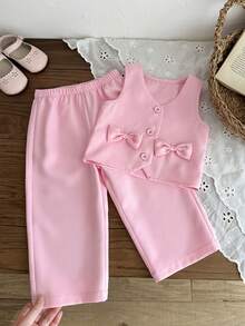 SHEIN 女婴蝴蝶结装饰背心和裤子套装 - 粉色 - 查看 4