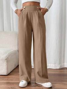SHEIN PETITE CURVE Plus Size Women's Double Buckle Straight Leg Elegant Commuter Pants - Camel - View 4