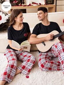 CoupledUp 男士爱心印花短袖上衣和红白格子裤睡衣套装（2件套）