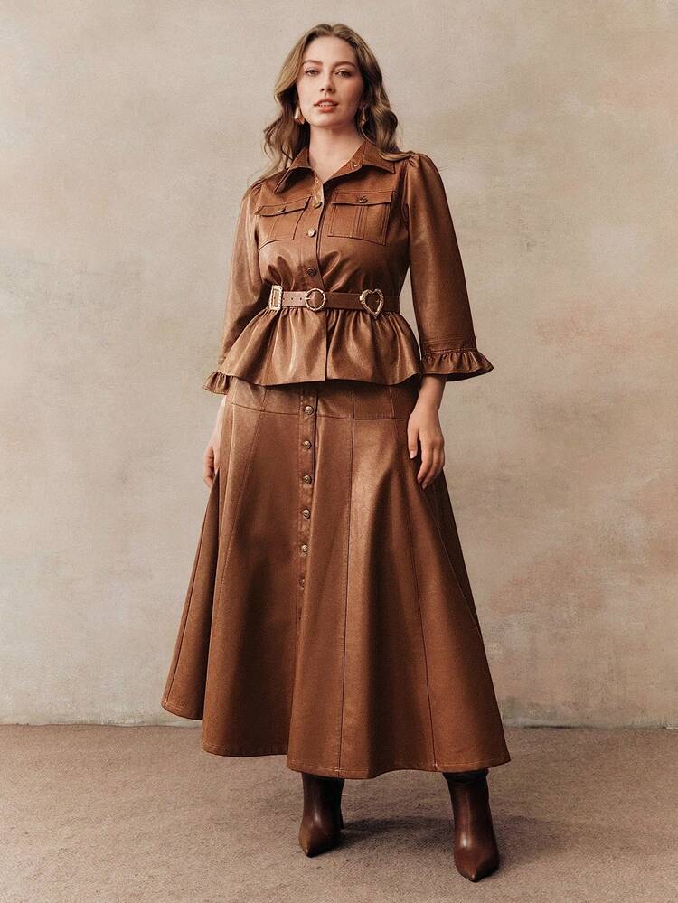 Plus Size Women's New PU Brown A-Line Flared Street Style Elegant Skirt, Suitable For Concerts