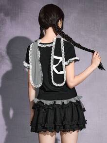 ROMWE Gothic Doll Cross Contrast Lace Bodycon T-Shirt - Black - View 2