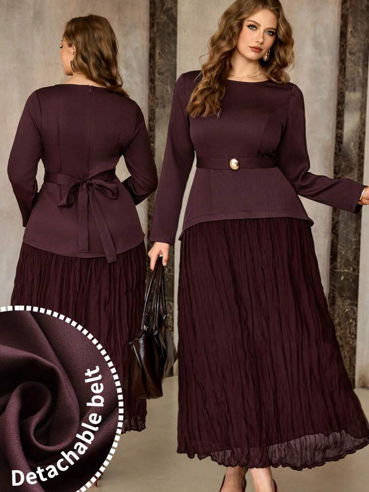 Roveilla فستان نسائي أنيق بألوان صلبة مع قصة مرقعة وذيل منسدل مزين بحزام، موديل 2 في 1، مناسب للربيع والخريف - لون كستنائي - مشاهدة 3