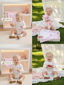 Souflis Souflis 2pcs/Set Vintage French Style Cherry Print Long Sleeve Bodysuit For Baby Girls, Suitable For Home, Outdoor And Multiple Occasions, Autumn/Winter - Multicolor - View 4