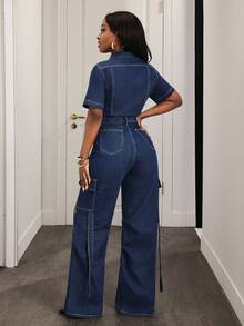 Slaydiva Bộ áo liền quần denim nữ tay ngắn, kiểu dáng thường ngày, màu xanh denim, áo liền quần denim kiểu cargo, áo liền quần denim tay ngắn cho nữ. - Màu xanh lam - Xem 2