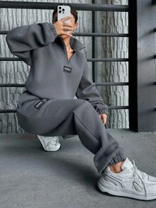 EURMUSE Cotton Letter Patched Drop Shoulder Half Zip Sweatshirt & Sweatpants - Dark Grey - View 4