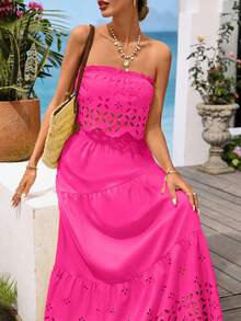 Vivid Eden 女士无肩带镂空荷叶边露脐上衣和半身裙休闲度假套装，纯色/格子/条纹/休闲款 - 玫紅色 - 查看 8