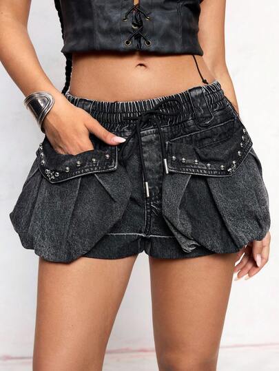 Fairycore Shorts vaqueros con estilo cargo desgastados, con bolsillos grandes y remaches para mujeres, estilo Y2K