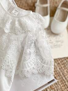 PrepCrw 1pc Young Girls Elegant White Summer Flower Girl Lace Embroidered Decor Collar Short Sleeve Knit Dress,Suitable For Wedding,Party,Festival Outings - White - View 8