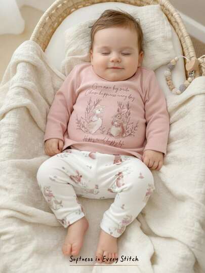 Cozy Pixies 2 件套女婴花卉印花针织柔软圆领长袖上衣和松紧腰裤套装