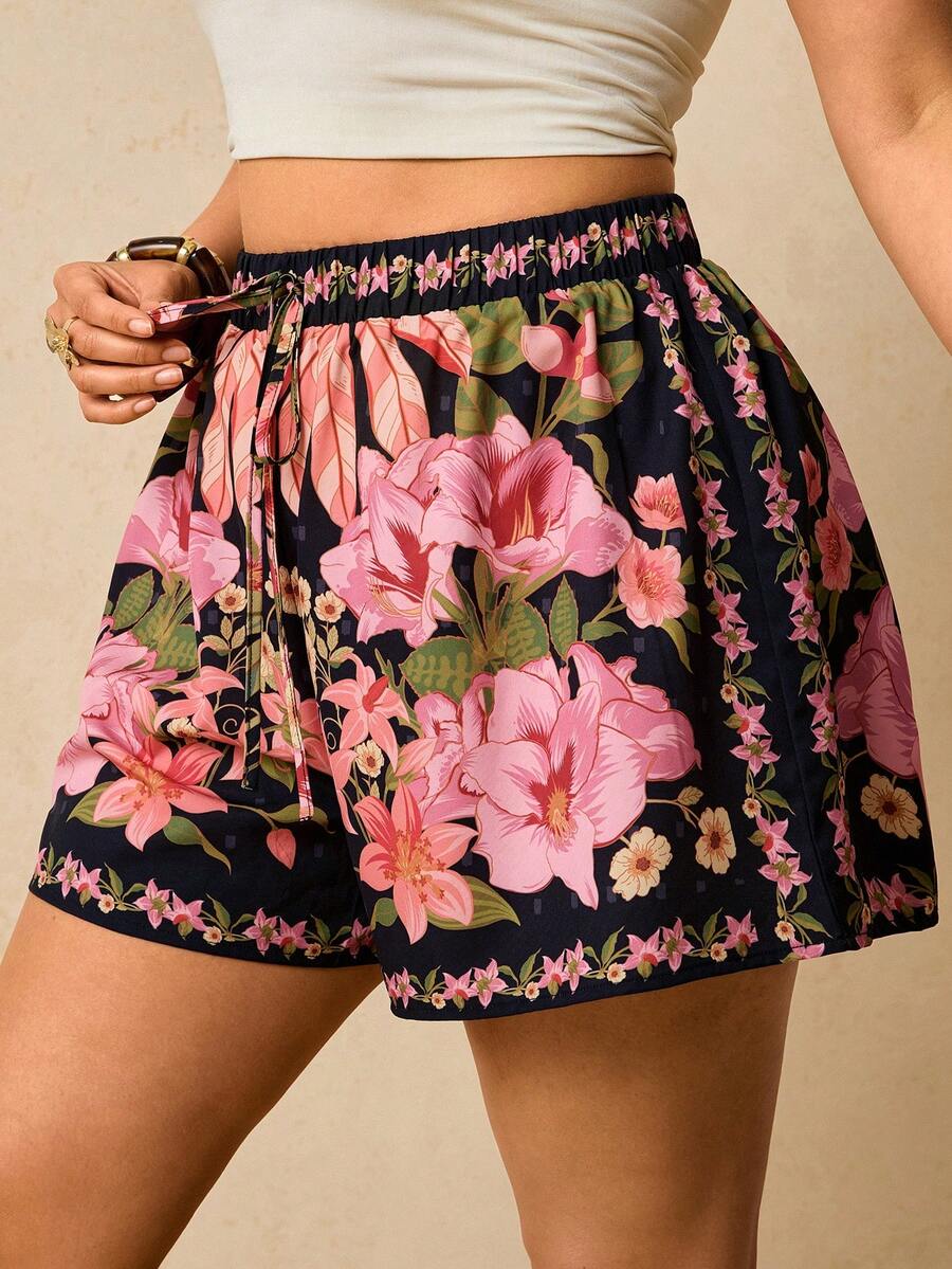 Travachic Plus Size Floral Print Drawstring Waist Tied Knot Summer Casual Vacation Shorts, Comfy Shorts, Flowy Shorts, Summer Outfits, Summer, Summer Outfits For Women, Beachwear, Beach Outfits For Woman, N, Tropical Floral Shorts, Casual Woman Style, Fall Outfits For Women, Chic Autumn, Going Out Outfit, Elegant Outfits, Concert Outfit Women, BOHO Floral Print Shorts - Black - View 1