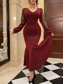 DAZY Robe de soirée élégante de haute qualité style sirène à col en V pour femmes, Jour de la Saint-Valentin - Rouge - Voir 3