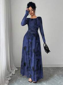 Rafferiza Đầm dài tay họa tiết tie-dye lưới bo gấu co giãn, cạp chun thanh lịch dành cho nữ - Màu xanh hải quân - Xem 4