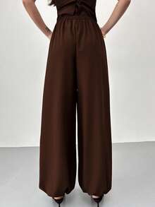 Firerie Women's New Elegant Minimalist Daily Casual Commute Home Woven Pants, Brown Solid Mid-Waist Elastic Waistband Loose Tapered Leg Lantern Pants, Brown Trousers - Brown - View 2