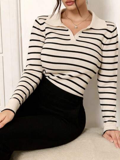 Suéter de punto de manga larga con cuello polo, media apertura, estilo retro de rayas y bloques de color, para primavera y otoño, estilo suelto y antiguo, ideal para graduación, nuevo año y moda femenina