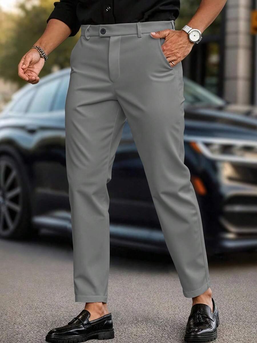 Manfinity Mode Women's Solid Color Button Slant Pocket Business Casual Pants Grey Pants For Men Pants For Men Elegant - Dark Grey - View 1