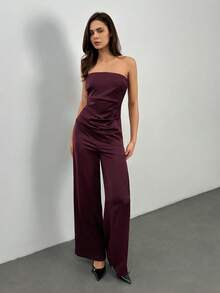 SHEIN Tall 春夏优雅通勤缎面酒红色不对称下摆抹胸上衣搭配简约宽松阔腿裤套装，优雅套装，新年女装，优雅女士套装，酒红色套装，酒红色套装，派对装，圣诞装，秋季女装 - 酒紅色 - 查看 10