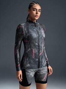 Powerista Women's Stand Collar Letter Print Zipper Front Casual Outdoor Long Sleeve Top, Suitable For Cycling - Black - View 6