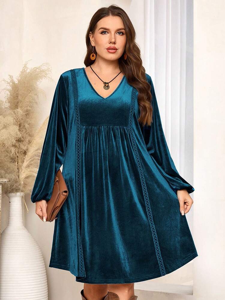 Plus Size Women Fall Country  Elegant  Casual V-Neck Long Sleeve Velvet Lace Patchwork Blue Dress, , Elegant Dresses For Party ,,Going Out Outfits, New Clothes,Simple And Fashionable For Everyday Wear, Plus Size ,New Year Dress,Spring