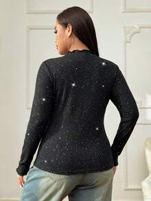 SHEIN EZwear Áo thun tay dài cổ bèo nhún màu đen cỡ lớn dành cho nữ, đa năng cho mùa thu/đông - màu đen - Xem 2