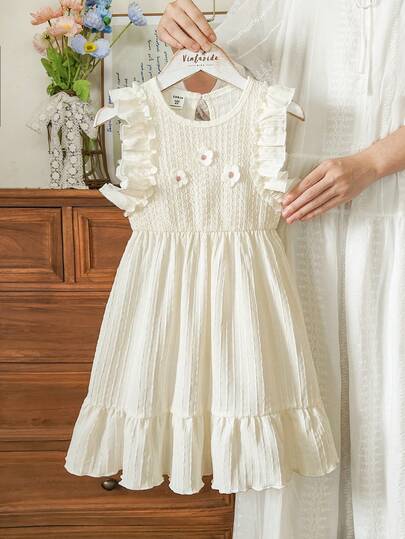 Vintaside Kids Girls' Round Neck Sleeveless Fashionable Casual Fresh Dress, Suitable For Mild Weather, Outdoor Play, Camping, Daily Casual Wear