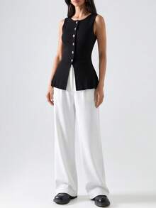 LYSMO Blusas casuales de punto de unicolor para mujer, apropiadas para el verano - Negro - Ver 1