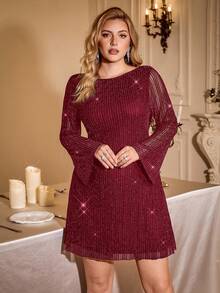 Auralis 大码女装秋冬时尚优雅舒适派对亮面黑色露背喇叭袖短裙，秋季穿搭，优雅派对礼服，晚礼服，时尚婚礼 - 紅色 - 查看 2