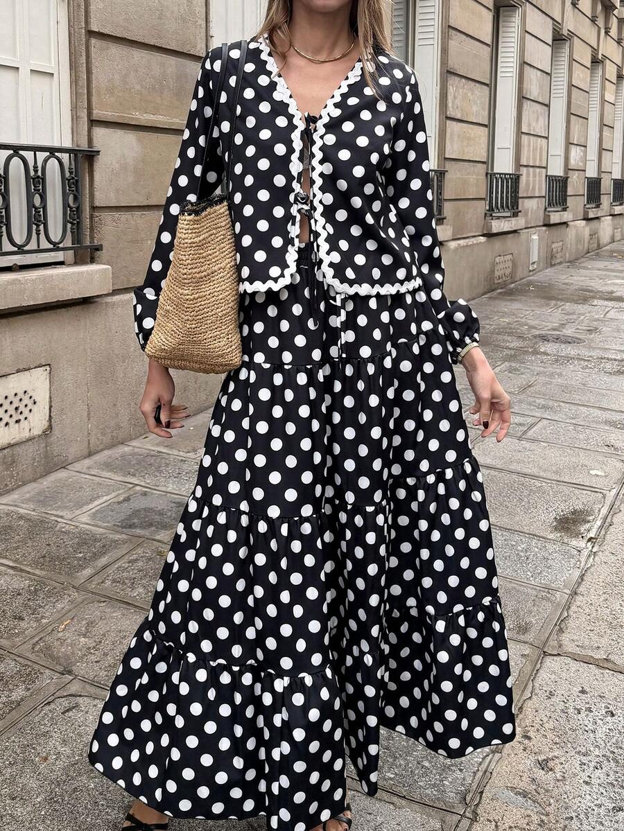 Pariaura Bộ 2 món áo dài tay và váy in họa tiết chấm bi tương phản dành cho nữ. - màu đen - Xem 1