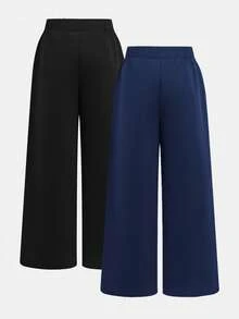 SHEIN 2件装少女休闲纯色蓝黑拼接宽松阔腿裤，黑色+粉色，休闲风格，返校季 - 藏蓝色 - 查看 3