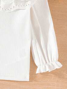 SHEIN Vintaside Kids 女婴双层蕾丝领罗纹长袖上衣，秋冬新款，舒适、时尚、优雅、甜美、百搭内搭 - 白色 - 查看 3