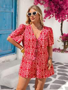 Vivid Eden Bộ đồ 2 món cỡ lớn mùa hè, in họa tiết toàn thân, buộc dây phía trước, gồm áo tay ngắn và quần short. - Đỏ - Xem 8