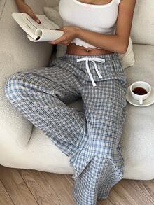 CovetEZ Women's Casual Plaid Lace-Up Loose Fit Pants - Blue - View 5