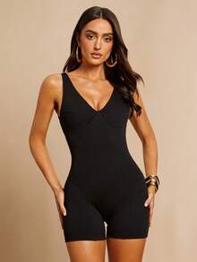 Silquee Bộ áo liền quần nữ cổ chữ V màu trơn dáng thường ngày - màu đen - Xem 4