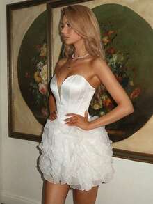 Vowa Rochie elegantă, romantică, la modă, din satin alb și organza, cu model patchwork, cu model coadă de pește, potrivită pentru petreceri individuale, nunți, absolviri, vacanțe, ceai de după-amiază, petreceri burlăcițe - alb - Vizualizare 2