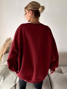 EURMUSE Cotton Letter Pattern Drop Shoulder Sweatshirt - Burgundy - View 2